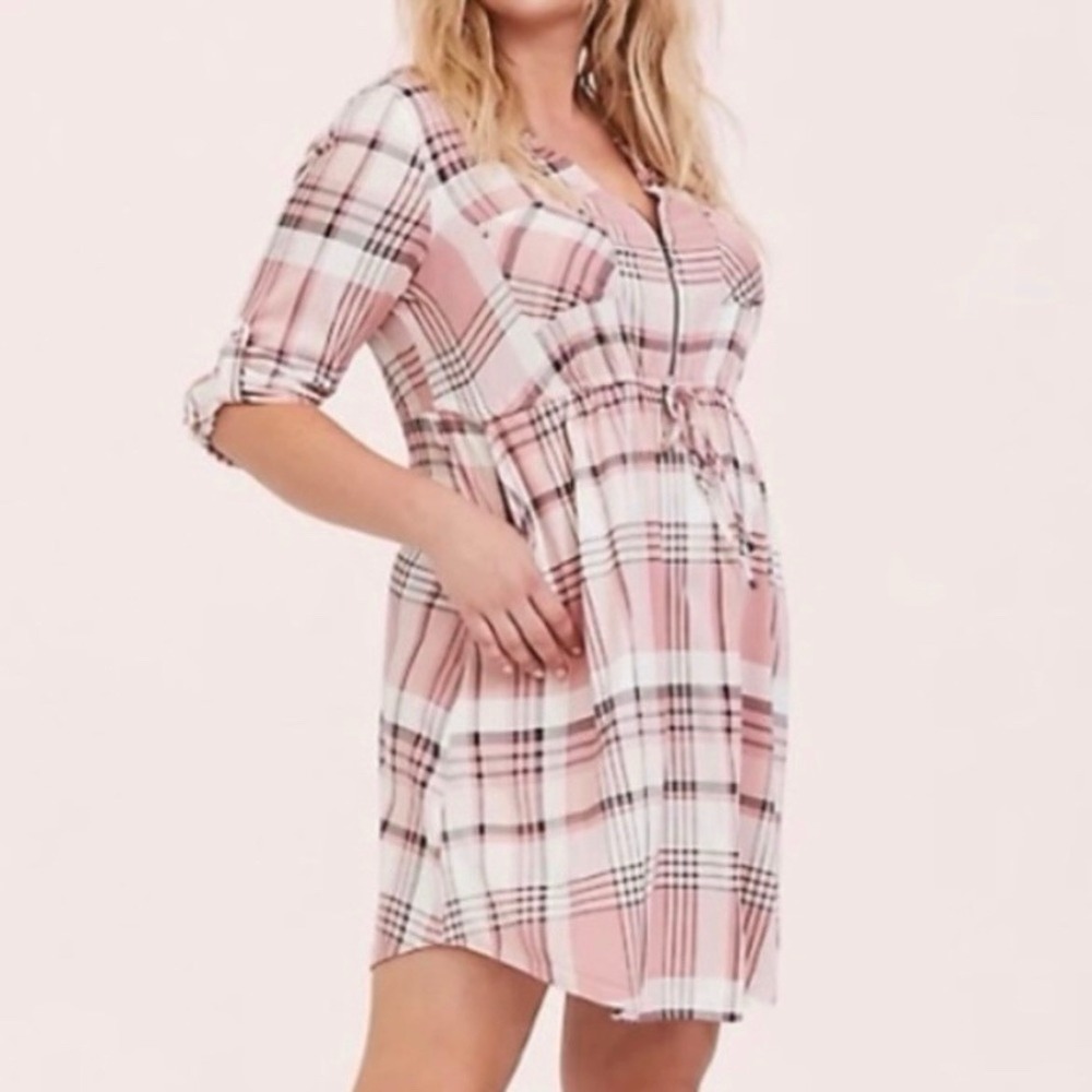 Torrid Pink Plaid Challis‎ Zip Front Tab Sleeve Shirt Dress Size 1X